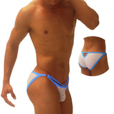 Blue and white mesh briefs with a cutout design from Icker Sea superhero stripe micro slip bikini underwear