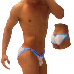 Blue and white mesh briefs with a cutout design from Icker Sea superhero stripe micro slip bikini underwear