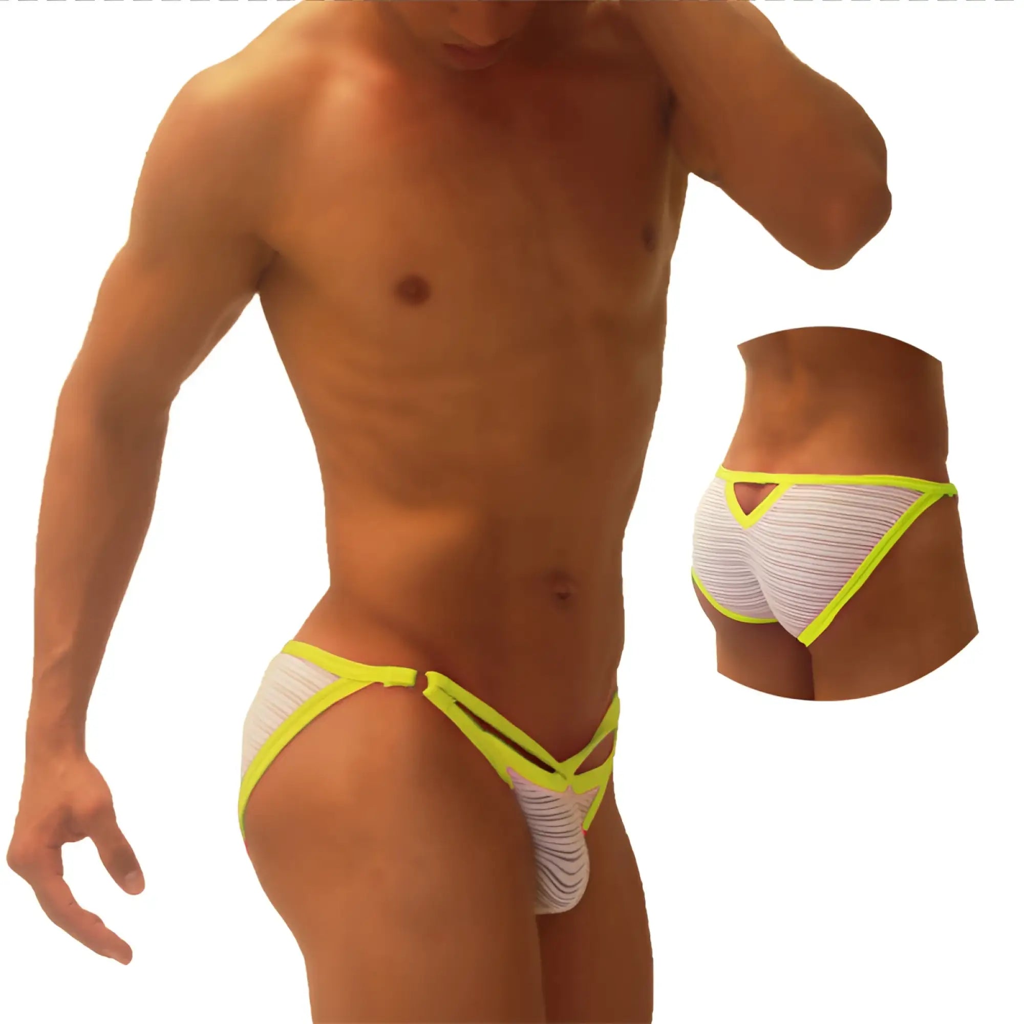 Bright neon yellow trimmed white textured men’s briefs with cutout design from Icker Sea Superhero Stripe series