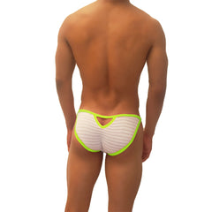 Back view of icker sea superhero stripe cut out micro slip bikini underwear in white with neon green trim