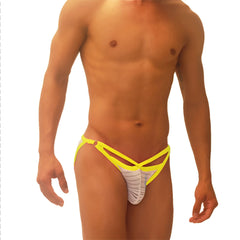 Icker Sea Superhero Stripe cut out micro slip bikini underwear mango with bright yellow straps and white gray striped panel
