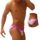 Icker Sea superhero stripe cut out micro slip bikini underwear in vibrant pink and white striped design for men
