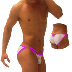 Icker Sea superhero stripe cut out micro slip bikini underwear in vibrant pink and white striped design for men
