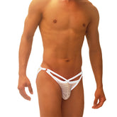 White mesh thong underwear with crisscross straps and subtle striped pattern from icker sea superhero stripe micro slip collection