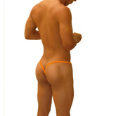 Orange thong underwear with a thin seamless design and superhero stripe cut out y back by icker sea