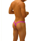 Vibrant purple icker sea superhero stripe cut out y back g string thong underwear with sleek minimalist design back view