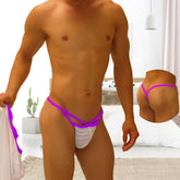 Purple and white striped men’s thong with crisscross cut out y back design from icker sea superhero stripe collection