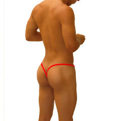 Red icker sea superhero stripe cut out y back g string underwear with thin snug fitting design shown from the back