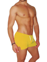 Icker Sea tennis side slit shorts mango bright yellow textured swim trunks with white drawstrings for swimming