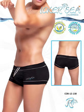 Black icker sea tory contrast line square cut swim trunks with white piping and silver zipper detail