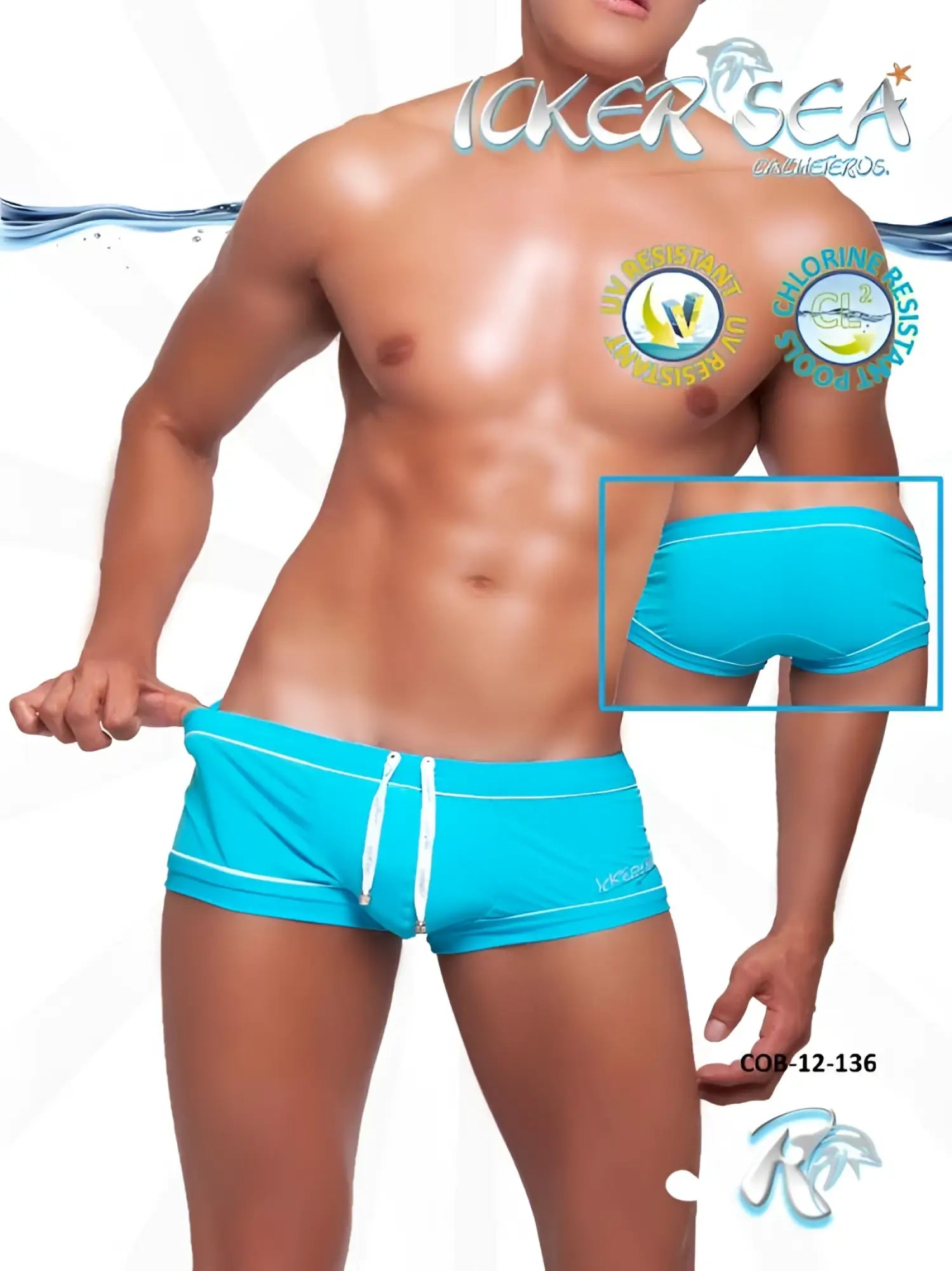 Bright turquoise icker sea tory contrast line square cut swim trunks with white drawstrings and trim for swimming