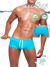 Bright turquoise icker sea tory contrast line square cut swim trunks with white drawstrings and trim for swimming