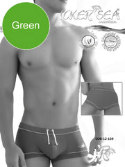 Icker Sea Tory contrast line square cut green men’s swim trunks with white trim and drawstring waistband
