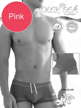 Pink icker sea tory contrast line square cut swim trunks with white drawstrings trim and branded logo on the side