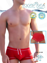 Red icker sea tory contrast line square cut swim trunks with white trim and drawstrings for beachwear use