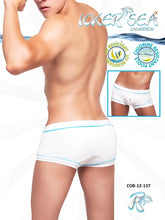 White boxer briefs with light blue trim and modern design by icker sea in tory contrast line square cut trunk swimwear