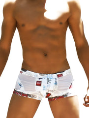 White men’s icker sea toys curve boxer brief underwear with vibrant tropical red black and blue print on white