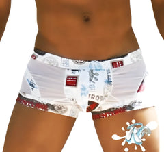 White boxer briefs with playful red and black graphic labels and stamps from icker sea toys curve collection