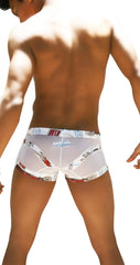 White translucent boxer briefs with red black and gray urban graphic print on waistband and leg openings by icker sea toys