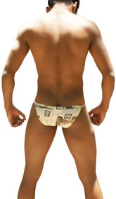 Beige icker sea toys micro slip bikini underwear with framed architectural and palm tree pattern coffee coi-12-147c