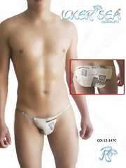 Icker sea toys micro slip bikini underwear in white with black and gray newspaper print design