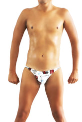 White briefs bikini underwear with red and black Icker Sea Toys graphic print in cotton blend fabric