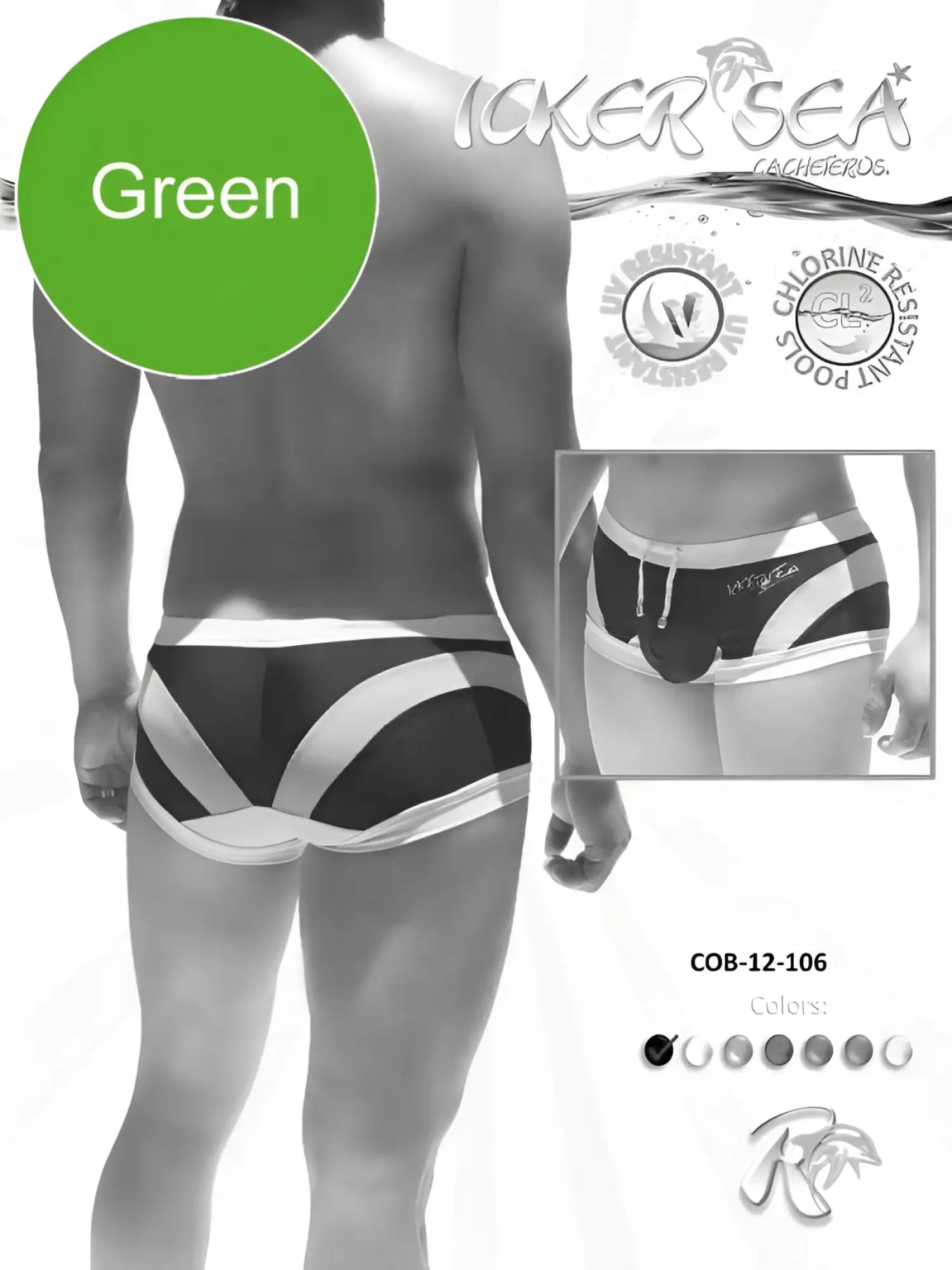Icker Sea transparent curve square cut trunk swimwear in green and white striped modern athletic design