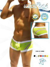 Icker Sea transparent curve square cut trunk swimwear in bright neon green with white and gray accents and drawstring waistband