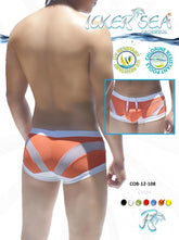 Icker Sea transparent curve square cut trunk swimwear in orange and white striped modern athletic design