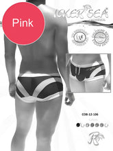 Icker Sea transparent curve square cut pink swim trunks with black and white geometric stripes for swimwear use