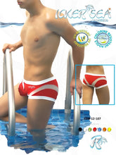 Icker Sea transparent curve square cut trunk swimwear in red and white with a sleek modern design