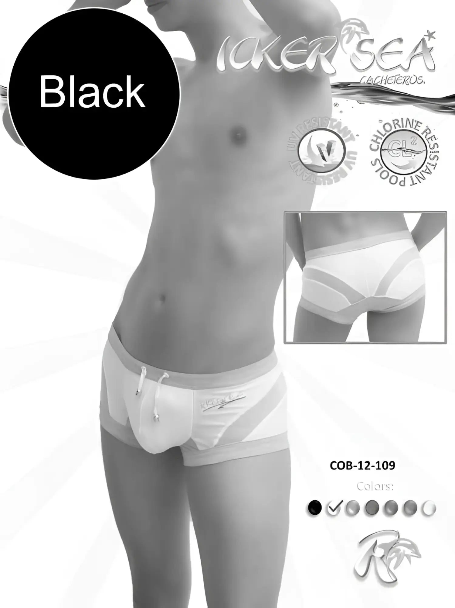 Black and white icker sea transparent curve square cut trunk swimwear with contrasting panels and drawstring detailing