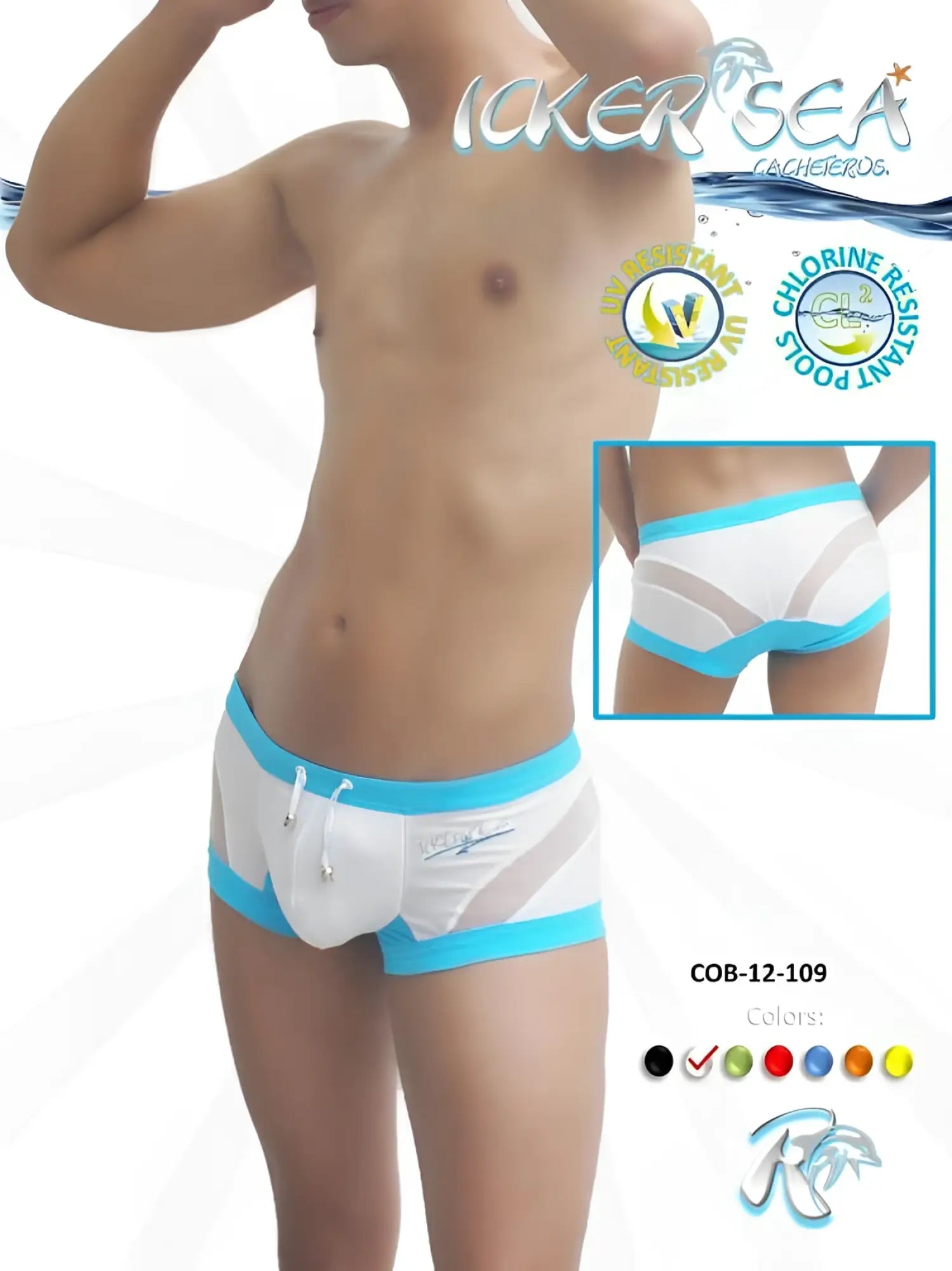 Icker sea white and turquoise swim trunks with mesh panels and drawstring waistband for swimwear use