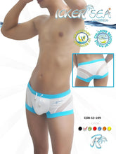 Icker sea white and turquoise swim trunks with mesh panels and drawstring waistband for swimwear use