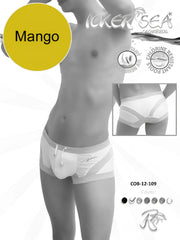 White and gray striped Icker Sea transparent curve square cut trunk swimwear with drawstring waistband