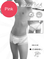 Icker Sea transparent curve square cut pink men’s swim trunks with white gray accents and drawstring waistband