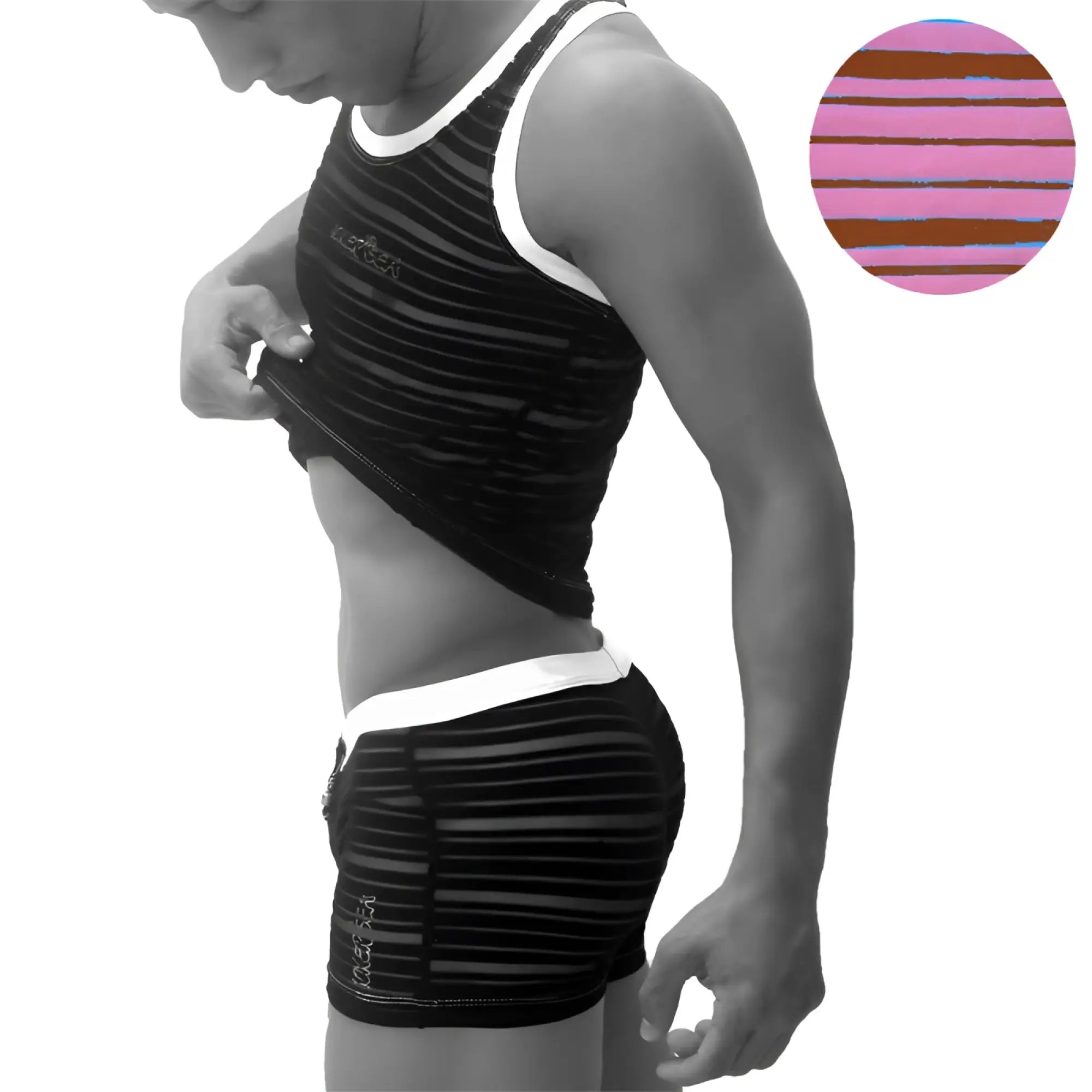 Black and white striped athletic tank top with small logo on chest from icker sea transparent lines stripes set