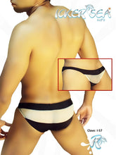 Black and white striped men’s swim trunks with high waisted design from icker sea transparent panel slip bikini underwear