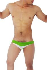 Icker Sea transparent panel slip bikini underwear in bright green and white two-tone swim trunks with v-shaped design