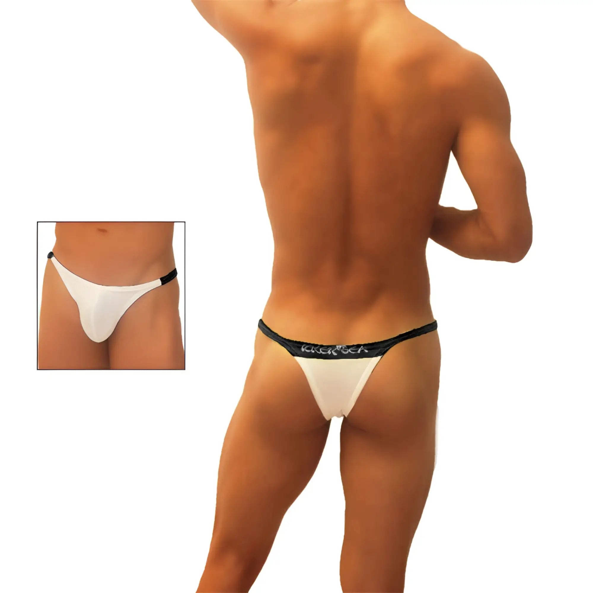 White thong underwear with black trim and subtle logo on waistband by icker sea model coi-19-03
