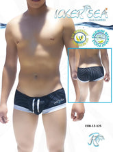 Icker Sea tropical Mini low square cut trunk swimwear in black with white stripes featuring a sleek modern design