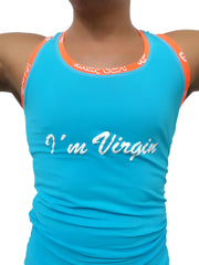 Bright turquoise icker sea virgin tank top with orange trim and white cursive i’m virgin text on chest