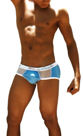 Icker Sea Weekly Contrast Panel Brief underwear in blue and white with a shiny translucent blue front panel