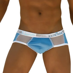 Light blue and white mesh-trimmed men’s briefs with branded waistband from icker sea weekly contrast panel wk-13-04