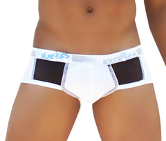White men’s briefs with black mesh panels and light blue moroccan logo on waistband from icker sea weekly contrast panel brief underwear white black wk-13-02