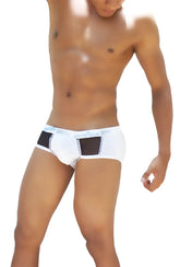 White briefs with black mesh contrast panels and subtle logo trim from icker sea weekly underwear wk-13-02