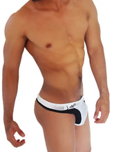 White and black duotone mesh thong underwear with sleek design and lamos cursive waistband by icker sea weekly lunes monday