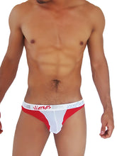Red and white men’s briefs with viennes branding on waistband showcasing duotone mesh material and comfortable fit