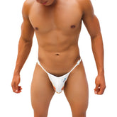 White men’s thong with orange and blue graphic design front in icker sea wings detachable micro slip bikini underwear white gold