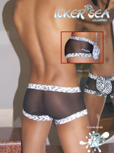 Black sheer icker sea zebra mesh boxer brief underwear with white zigzag trim and small side logo front view